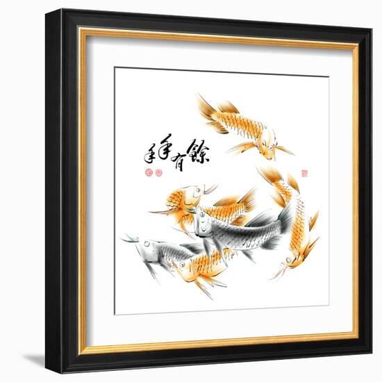 Chinese Dragon Fish Ink Painting. Translation: Abundant Harvest Year After Year-yienkeat-Framed Art Print