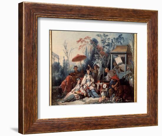 Chinese Garden Scene of Chinoiseries Depicting a Young Woman Surrounded by Servants. Painting by Fr-Francois Boucher-Framed Giclee Print