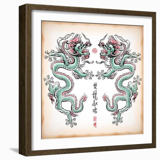 Chinese Ink Painting Of Dragon Translation: Blessing Of Double Dragons-yienkeat-Framed Art Print