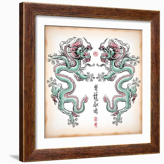 Chinese Ink Painting Of Dragon Translation: Blessing Of Double Dragons-yienkeat-Framed Art Print