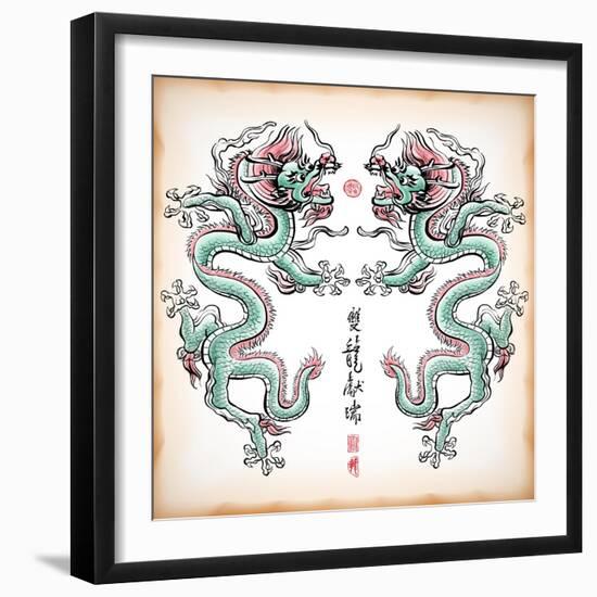 Chinese Ink Painting Of Dragon Translation: Blessing Of Double Dragons-yienkeat-Framed Art Print