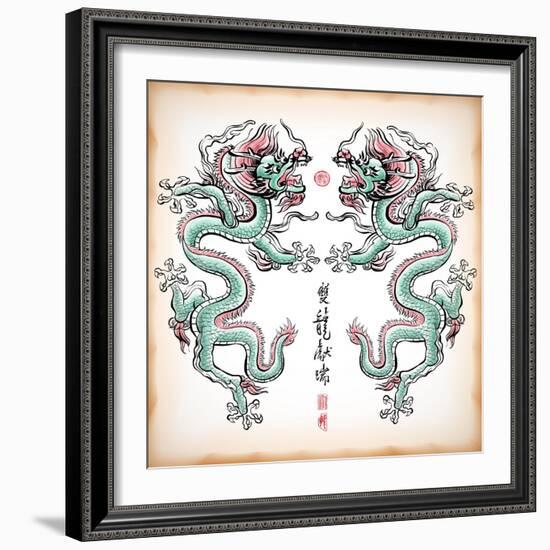 Chinese Ink Painting Of Dragon Translation: Blessing Of Double Dragons-yienkeat-Framed Art Print