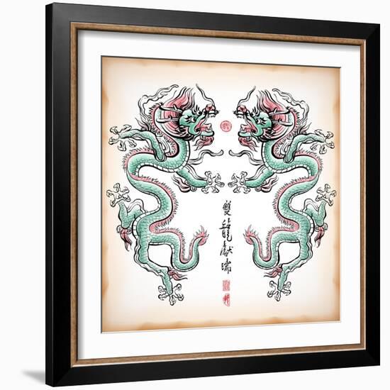 Chinese Ink Painting Of Dragon Translation: Blessing Of Double Dragons-yienkeat-Framed Premium Giclee Print