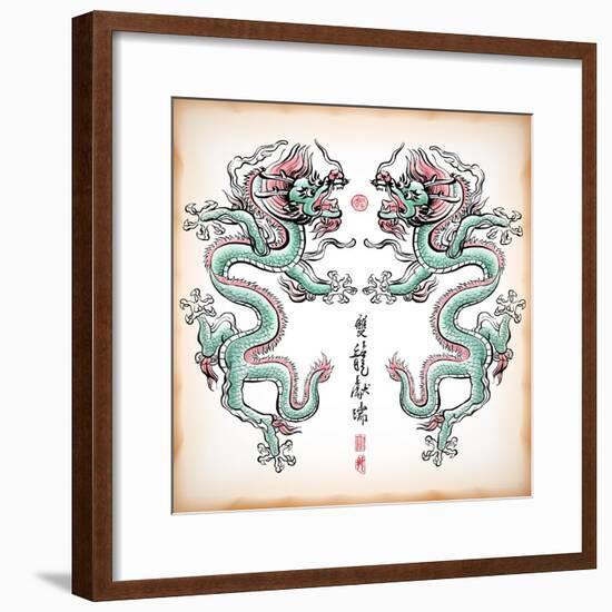 Chinese Ink Painting Of Dragon Translation: Blessing Of Double Dragons-yienkeat-Framed Premium Giclee Print