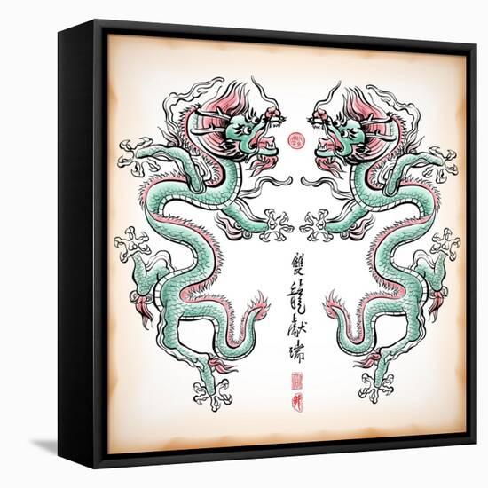 Chinese Ink Painting Of Dragon Translation: Blessing Of Double Dragons-yienkeat-Framed Stretched Canvas