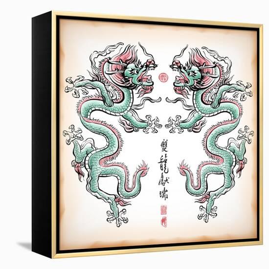 Chinese Ink Painting Of Dragon Translation: Blessing Of Double Dragons-yienkeat-Framed Stretched Canvas