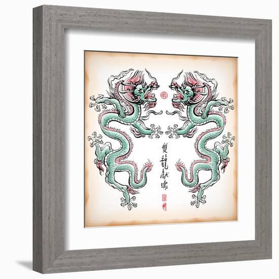 Chinese Ink Painting Of Dragon Translation: Blessing Of Double Dragons-yienkeat-Framed Art Print