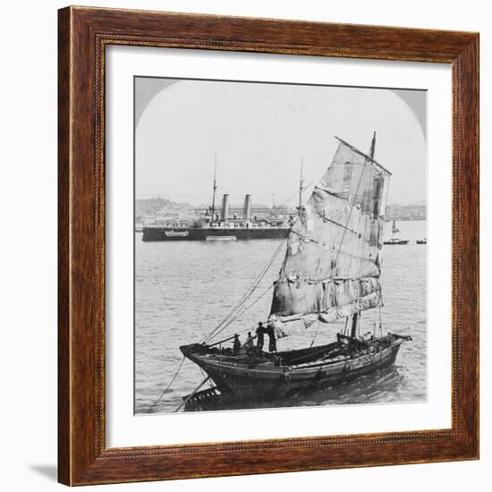 Chinese junk and British battleship in the harbour at Hong Kong, 1902-Carlton Harlow Graves-Framed Photographic Print