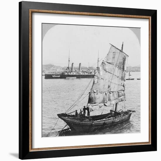 Chinese junk and British battleship in the harbour at Hong Kong, 1902-Carlton Harlow Graves-Framed Photographic Print