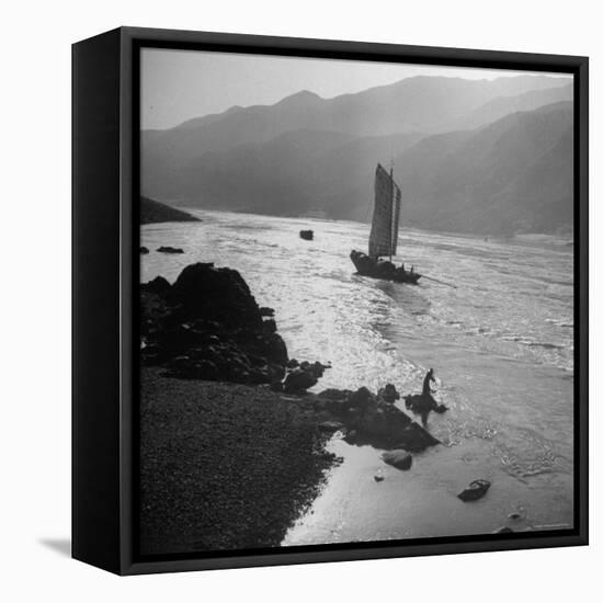 Chinese Junk Boat Sailing Past a Spear Fisherman on the Shore of the Yangtze River-Dmitri Kessel-Framed Premier Image Canvas