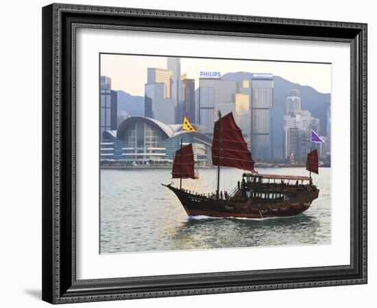 Chinese Junk Boat Sails on Victoria Harbour, Hong Kong, China, Asia-Amanda Hall-Framed Photographic Print