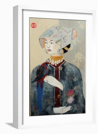 Chinese Lady with Bonnet and Rosella,2015-Susan Adams-Framed Giclee Print