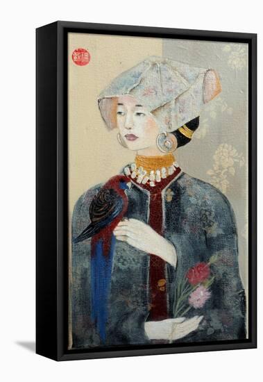 Chinese Lady with Bonnet and Rosella,2015-Susan Adams-Framed Premier Image Canvas