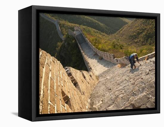Chinese Man Climbs Great Wall of China, UNESCO World Heritage Site, Huanghuacheng (Yellow Flower) a-Kimberly Walker-Framed Premier Image Canvas