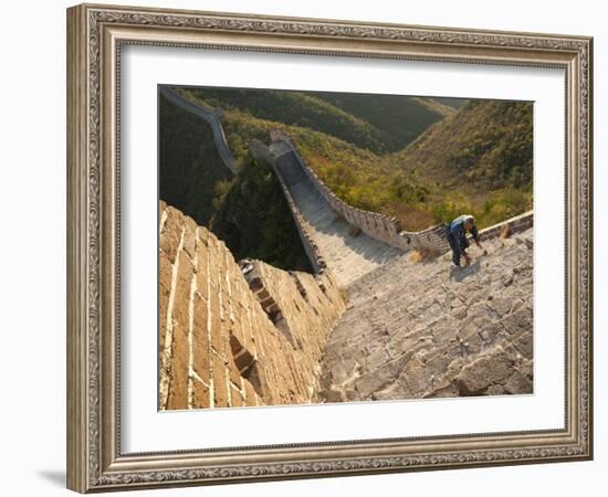 Chinese Man Climbs Great Wall of China, UNESCO World Heritage Site, Huanghuacheng (Yellow Flower) a-Kimberly Walker-Framed Photographic Print