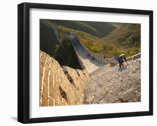 Chinese Man Climbs Great Wall of China, UNESCO World Heritage Site, Huanghuacheng (Yellow Flower) a-Kimberly Walker-Framed Photographic Print