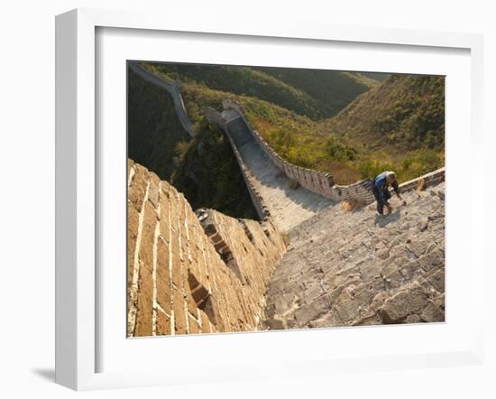 Chinese Man Climbs Great Wall of China, UNESCO World Heritage Site, Huanghuacheng (Yellow Flower) a-Kimberly Walker-Framed Photographic Print