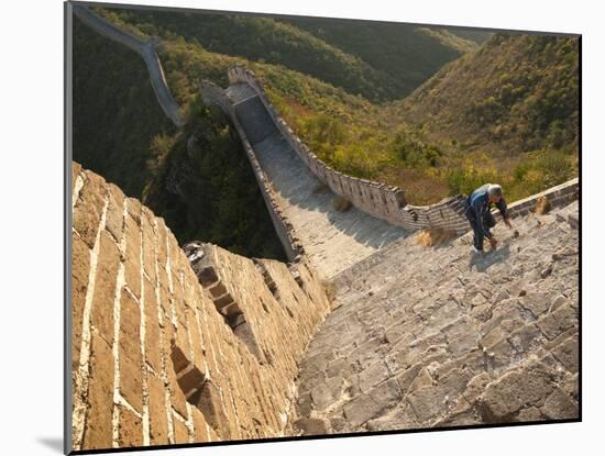 Chinese Man Climbs Great Wall of China, UNESCO World Heritage Site, Huanghuacheng (Yellow Flower) a-Kimberly Walker-Mounted Photographic Print