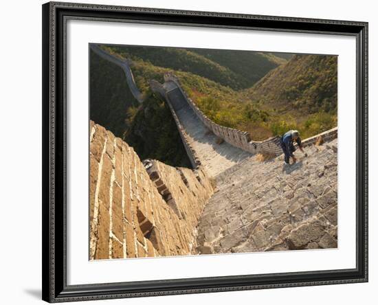 Chinese Man Climbs Great Wall of China, UNESCO World Heritage Site, Huanghuacheng (Yellow Flower) a-Kimberly Walker-Framed Photographic Print