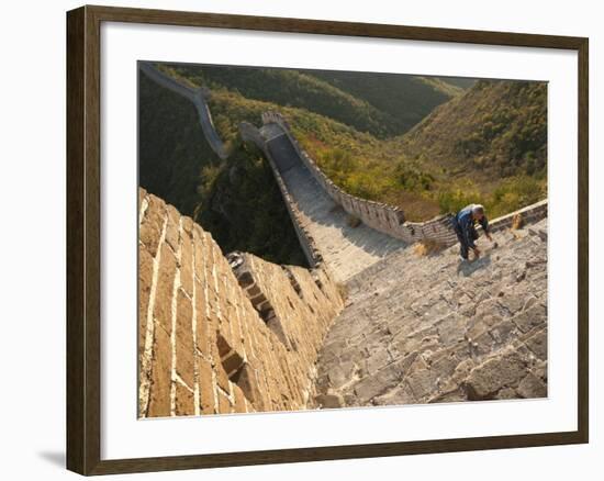 Chinese Man Climbs Great Wall of China, UNESCO World Heritage Site, Huanghuacheng (Yellow Flower) a-Kimberly Walker-Framed Photographic Print