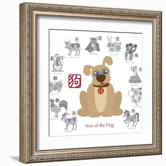 Chinese New Year Dog Color with Twelve Zodiacs Illustration-jpldesigns-Framed Art Print