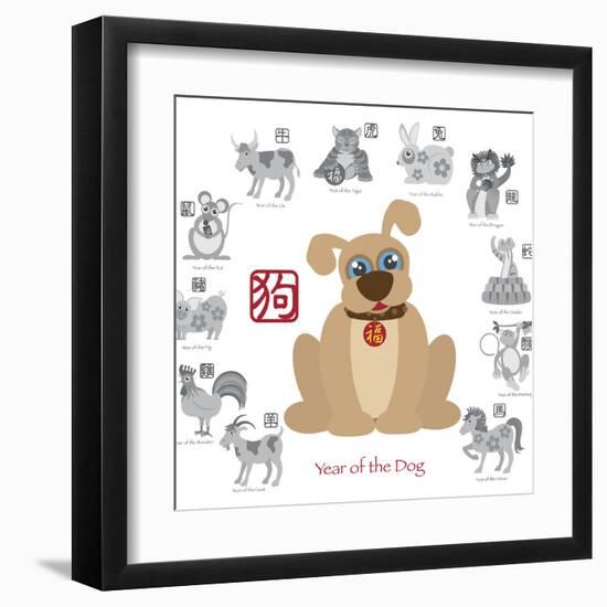 Chinese New Year Dog Color with Twelve Zodiacs Illustration-jpldesigns-Framed Art Print