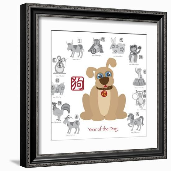 Chinese New Year Dog Color with Twelve Zodiacs Illustration-jpldesigns-Framed Art Print