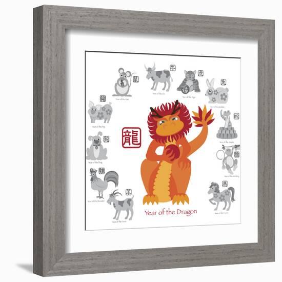 Chinese New Year Dragon Color with Twelve Zodiacs Illustration-jpldesigns-Framed Art Print