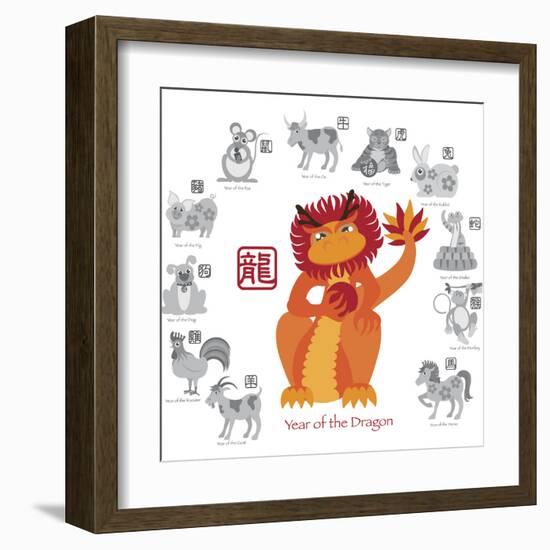 Chinese New Year Dragon Color with Twelve Zodiacs Illustration-jpldesigns-Framed Art Print