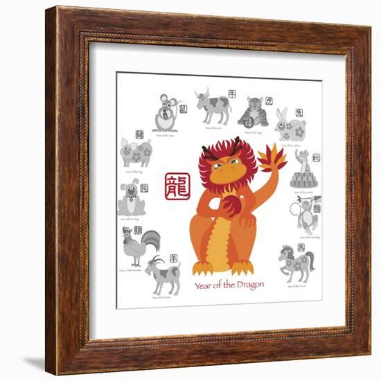 Chinese New Year Dragon Color with Twelve Zodiacs Illustration-jpldesigns-Framed Art Print