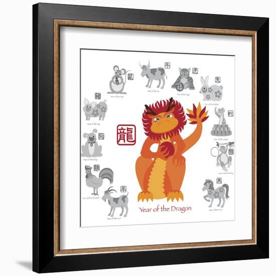 Chinese New Year Dragon Color with Twelve Zodiacs Illustration-jpldesigns-Framed Art Print