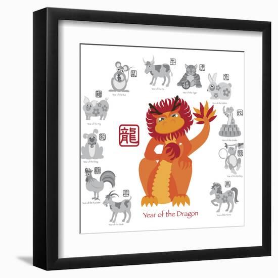 Chinese New Year Dragon Color with Twelve Zodiacs Illustration-jpldesigns-Framed Art Print