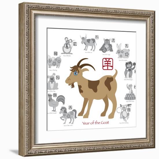 Chinese New Year Goat Color with Twelve Zodiacs Illustration-jpldesigns-Framed Art Print