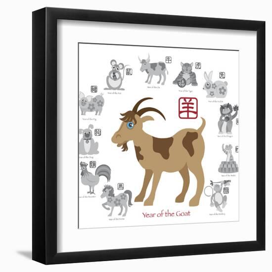 Chinese New Year Goat Color with Twelve Zodiacs Illustration-jpldesigns-Framed Art Print