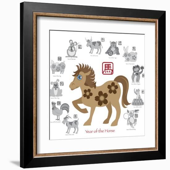 Chinese New Year Horse Color with Twelve Zodiacs Illustration-jpldesigns-Framed Art Print