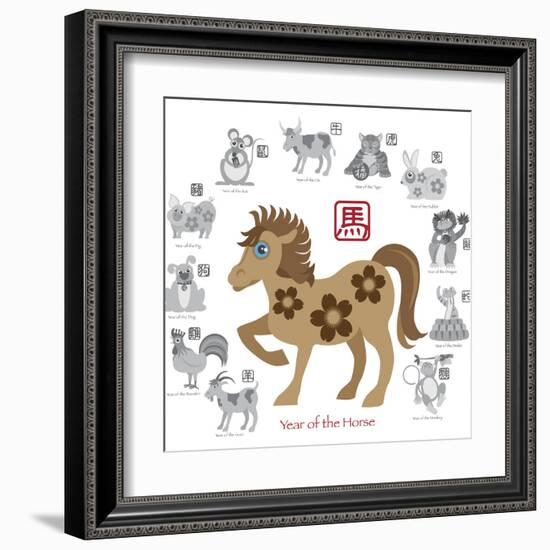 Chinese New Year Horse Color with Twelve Zodiacs Illustration-jpldesigns-Framed Art Print