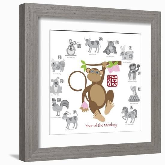 Chinese New Year Monkey Color with Twelve Zodiacs Illustration-jpldesigns-Framed Art Print