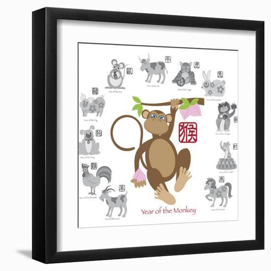 Chinese New Year Monkey Color with Twelve Zodiacs Illustration-jpldesigns-Framed Art Print