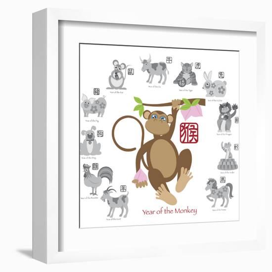 Chinese New Year Monkey Color with Twelve Zodiacs Illustration-jpldesigns-Framed Art Print