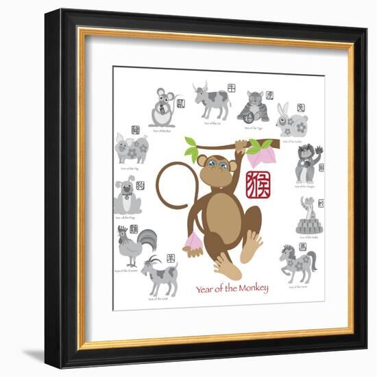 Chinese New Year Monkey Color with Twelve Zodiacs Illustration-jpldesigns-Framed Art Print