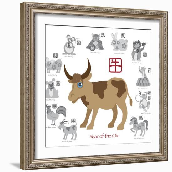 Chinese New Year Ox Color with Twelve Zodiacs Illustration-jpldesigns-Framed Premium Giclee Print