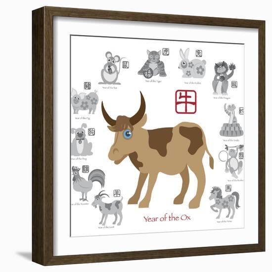 Chinese New Year Ox Color with Twelve Zodiacs Illustration-jpldesigns-Framed Premium Giclee Print