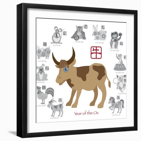 Chinese New Year Ox Color with Twelve Zodiacs Illustration-jpldesigns-Framed Premium Giclee Print