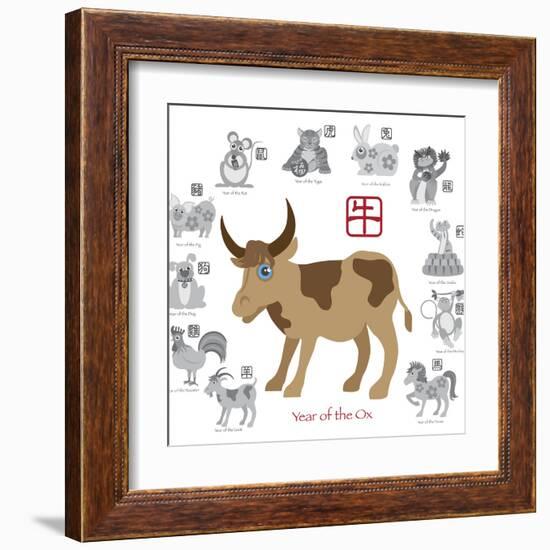 Chinese New Year Ox Color with Twelve Zodiacs Illustration-jpldesigns-Framed Art Print