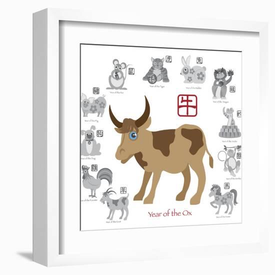 Chinese New Year Ox Color with Twelve Zodiacs Illustration-jpldesigns-Framed Art Print