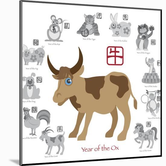 Chinese New Year Ox Color with Twelve Zodiacs Illustration-jpldesigns-Mounted Art Print