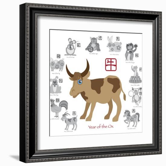 Chinese New Year Ox Color with Twelve Zodiacs Illustration-jpldesigns-Framed Art Print