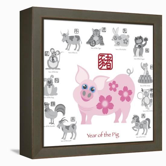 Chinese New Year Pig Color with Twelve Zodiacs Illustration-jpldesigns-Framed Stretched Canvas