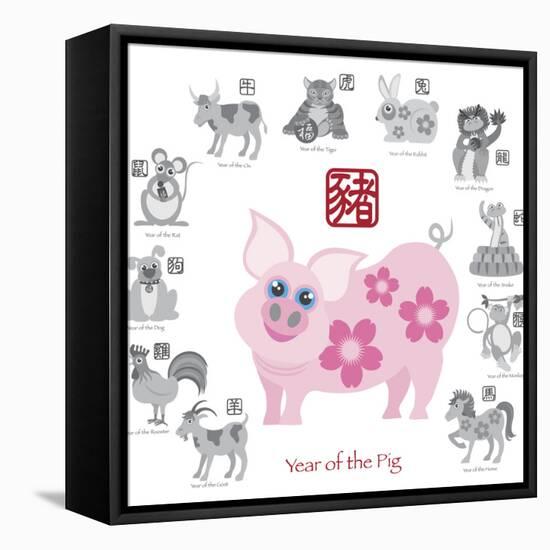 Chinese New Year Pig Color with Twelve Zodiacs Illustration-jpldesigns-Framed Stretched Canvas