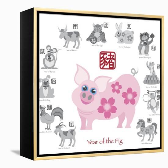 Chinese New Year Pig Color with Twelve Zodiacs Illustration-jpldesigns-Framed Stretched Canvas